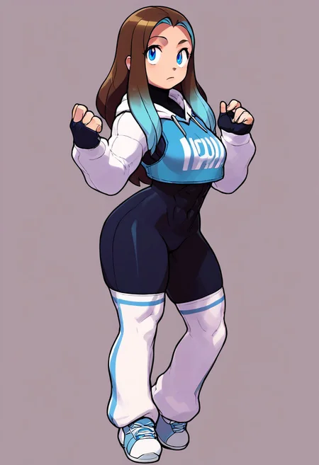 (((Solo))), (((1girl))), score_9, score_8_up, score_7_up, score_6_up,score_5_up,score_4_up, BREAK, jxdhxps character, illustration, bold linework, female, ((breasts)), simple background, grey background, standing, hips, , shoes, light blue eyes, ishikawa hideki style, ((brown hair)), blue tank top,, long sleeve shirt,  crop top hoodie, puffy sleeves, ((white hoodie)), ((parted bangs)), (long bangs), fingerless gloves, sport bra, thigh highs, turtle neck, light blue highlights, ((white skin)), ((black body suit)), muscular female