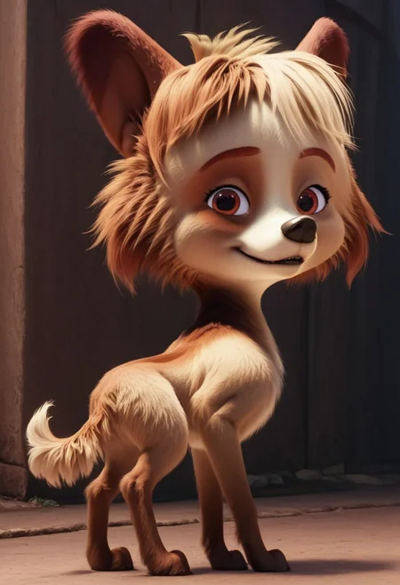batty, 1girl, female dog, feral, small dog, tri-colored fur, golden tan with a lighter face and belly, one patch over each eye of a darker tan, brown ears, amber eyes, brown and blond hair, brown paws, golden tail, big head, easynegative, score_8_up, score_7_up, BREAK, 1girl, solo, looking at viewer, cute, smiling, smug, from behind, rear view, looking back, female focus, looking at viewer, detailed background, 4k, masterpiece, best quality, highly detailed, 3d, full shot
realistic,