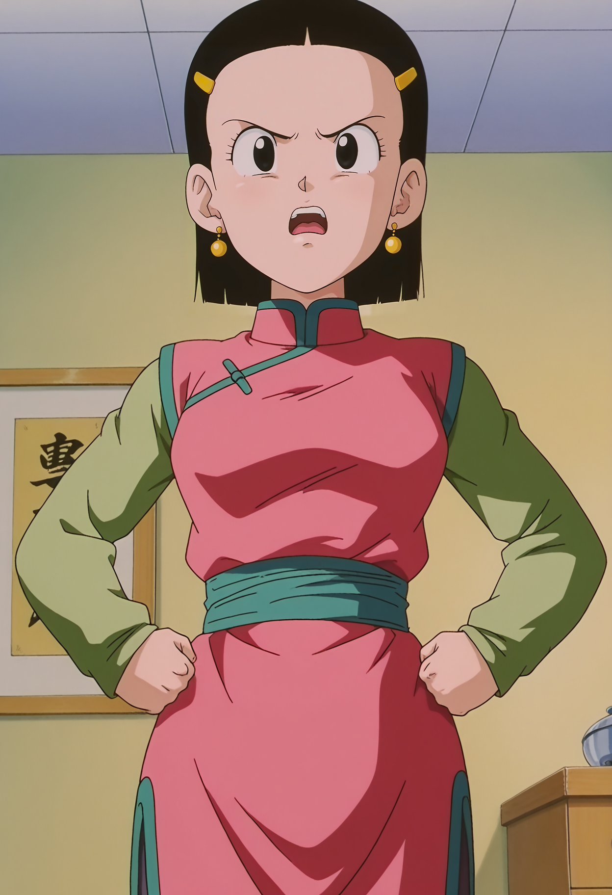 1girl,solo,mm,mature female,black hair,short hair,black eyes,hair ornament,hairclip,earrings,anime coloring,
chinese clothes,long sleeves, hands on own hips, clenched hands, open mouth, frown,indoors
,masterpiece,best quality,amazing quality,<lora:Chi-Chi-Dragon_Ball_GT_IL:0.9>