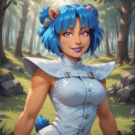 score_9, score_8, BREAK, solo, Megumi_Bandicoot_(Crash_Team_Racing), bandicoot, blue hair, twin bun, purple eyes, lab assistant outfit, smiling, orange skin, orange skin female, dual-colored skin, black nose, eyelashes, purple lips, animal ears, blue bun tail, self portrait, smile, looking at viewer, outdoors, sunlight, shadows, evening lighting, natural lighting, forest, trees, grass, orange sky, sunset