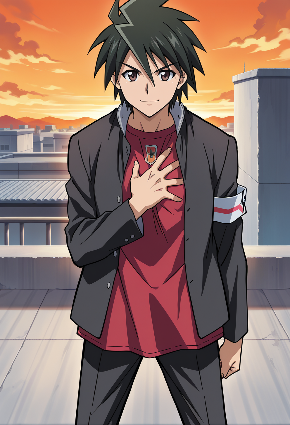 masterpiece, best quality, high quality, anime, solo, 
 <lora:AEKazuki_1:1>
AEKazukiDef, armband, black hair, black jacket, black pants, brown eyes, hair between eyes, long sleeves, open jacket, red shirt, sneakers, spiked hair, white footwear,
hand on own chest, smile, determined, orange sky, standing, rooftop, straight-on,