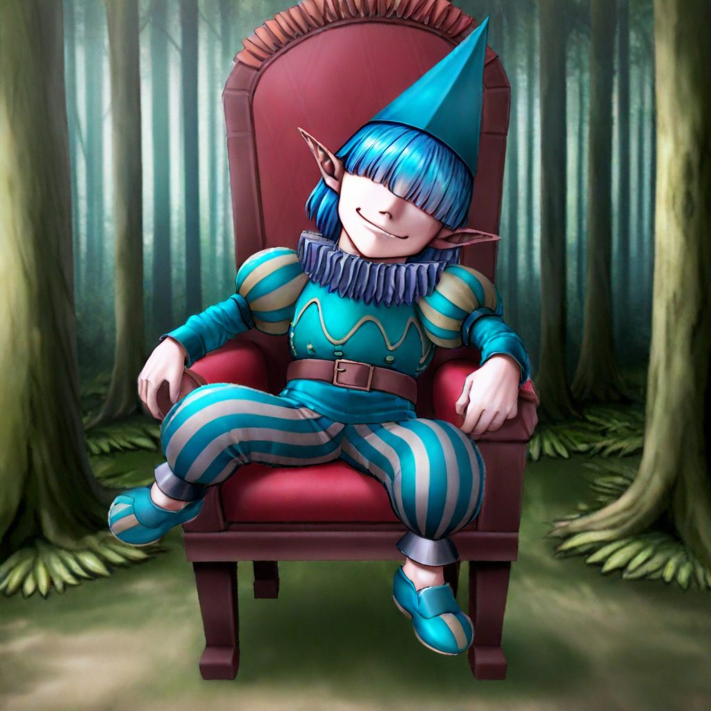 1boy,solo,blue hair,bangs,hair over eyes,pointy ears,hat,ruff collar,shirt,puffy sleeves,belt,striped pants,shoes,sitting,facing viewer,looking at viewer,chair,forest,smirk