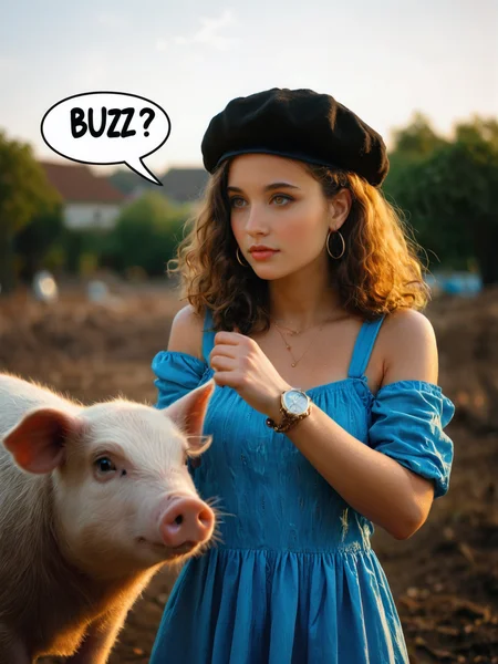 Cinematic film still a woman in a blue dress and a pig with a speech bubble above her head that says buzz?, Beeple, pincushion lens effect, a stock photo, barbizon school. BREAK Elegant pose, a stock photo, romanticism, concept art, shallow depth of field, vignette, highly detailed, high budget, bokeh, cinemascope, moody, epic, gorgeous, flux-style, film grain, grainy. <lora:add-detail-xl:.5> <lora:Flux-style-xl-lora:.5>