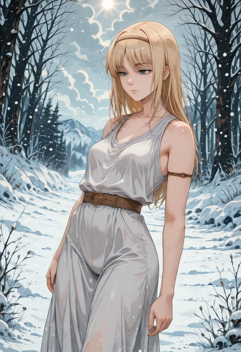 score_9, score_8_up, score_7_up,source_anime, high res image, masterpiece, best quality, masterpiece, newest, absurdres, best quality, hires,
BREAK 1girl, solo, ymirfritz , blonde hair, bangs,blue eyes,mature female,brown hairband, expressionless, small breasts
white dress,sleevless,armlet
dynamic pose, standing, looking around, posing
outdoors, snow land, snowing, ice, freezing, meadow, snow forest, the ice glitters silvery, day, cloudy
cinematic angle, detailed background, beautiful background, (rays light:1.0),(grow:1.0), light particles