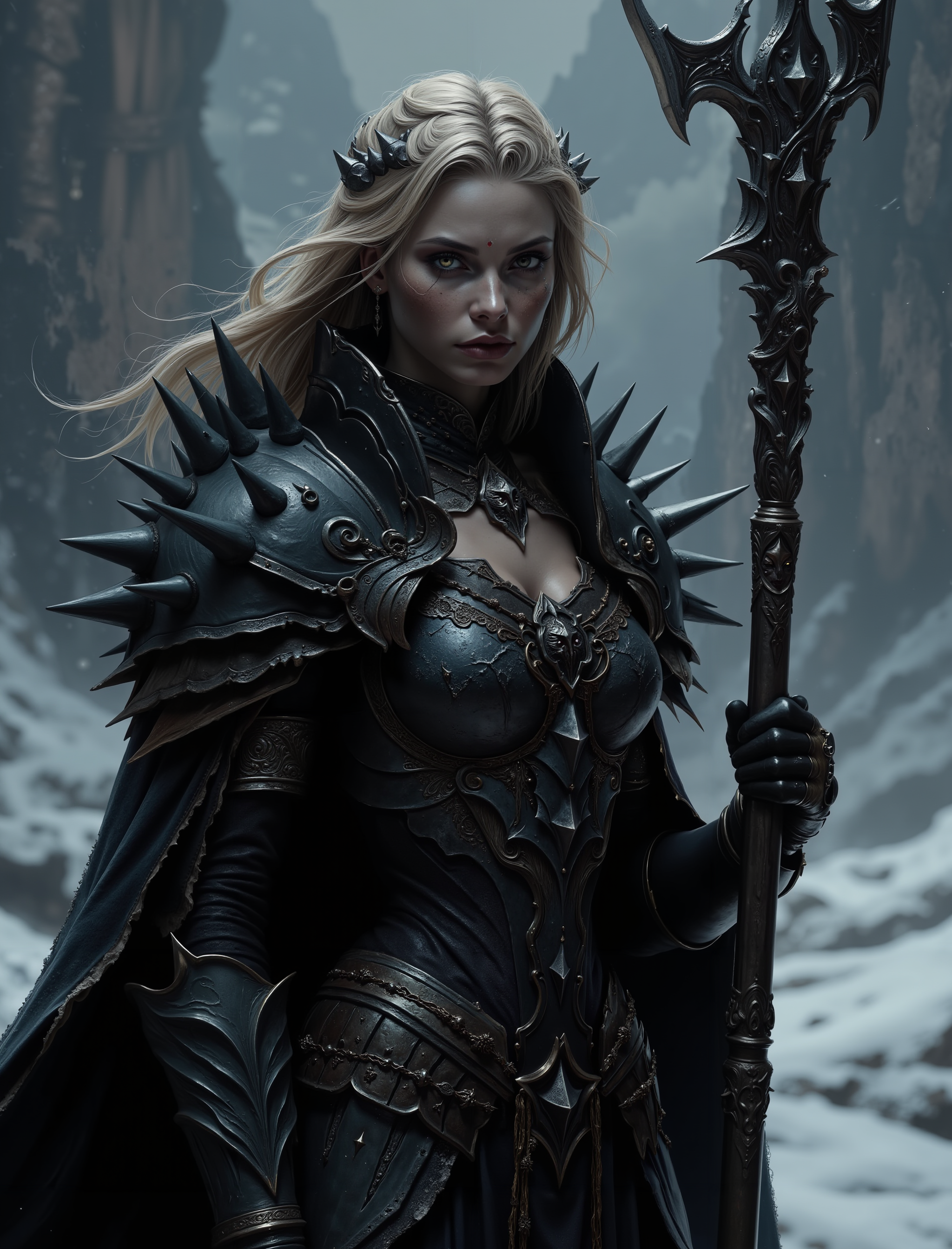 An atmospheric and powerful dark fantasy image,  classical style painting of a beautiful female warlord dressed in intricate dark and spiked armor.  Her fierce gaze is framed by her dirty blonde shoulder length hair, as she holds a powerful staff of dark steel. Cinematic shot in a snowy mountainous region.
 