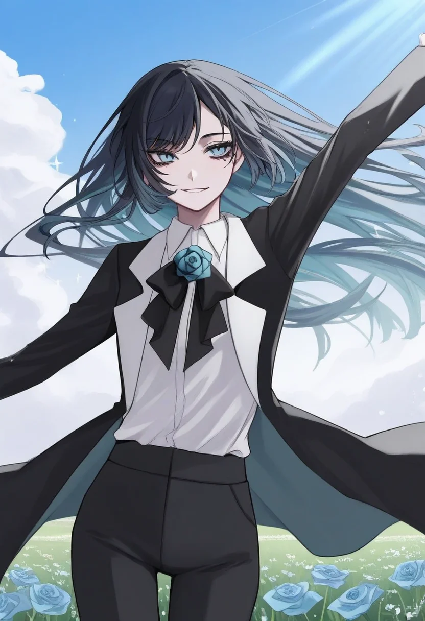 1girl, solo, chando, long hair, flower brooch, blue eyes, mole under eye, blue hair, multicolored hair, blue flower, blue rose, white shirt, collared shirt, black coat, black bowtie, black pants,
spinning, arms outstretched, happy expression, wind blowing hair, open meadow, blue sky, clouds, sunlight, sparkles in air, carefree atmosphere
, <lora:Character_Ado - Chando:0.8>