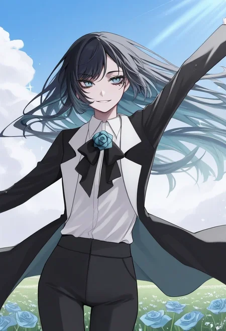 1girl, solo, chando, long hair, flower brooch, blue eyes, mole under eye, blue hair, multicolored hair, blue flower, blue rose, white shirt, collared shirt, black coat, black bowtie, black pants,
spinning, arms outstretched, happy expression, wind blowing hair, open meadow, blue sky, clouds, sunlight, sparkles in air, carefree atmosphere
, <lora:Character_Ado - Chando:0.8>