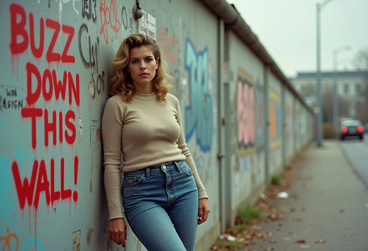 A candid, photorealistic image from 1989 of a busty young woman leaning casually against the Berlin Wall. The wall is covered in vibrant graffiti, and prominently next to her is a spray-painted message that reads: 'BUZZ down this wall!' in bold, uneven letters. The woman is dressed in tight but modest 1980s fashion: high-waisted jeans, a tucked-in fitted sweater, and classic white sneakers. Her hair is styled in a typical 1980s look, with voluminous curls and a slightly teased crown. The photo has an authentic analog feel, shot on a vintage 35mm film camera like the Canon AE-1, using Kodak Gold 200 film. The lighting is natural, with soft, diffused sunlight typical of an overcast day, casting a muted glow over the scene. Slight film grain, subtle color shifts, and light lens flares enhance the nostalgic atmosphere. The background includes other sections of graffiti-covered wall and a glimpse of the cityscape, capturing the tension and energy of Berlin in 1989."
