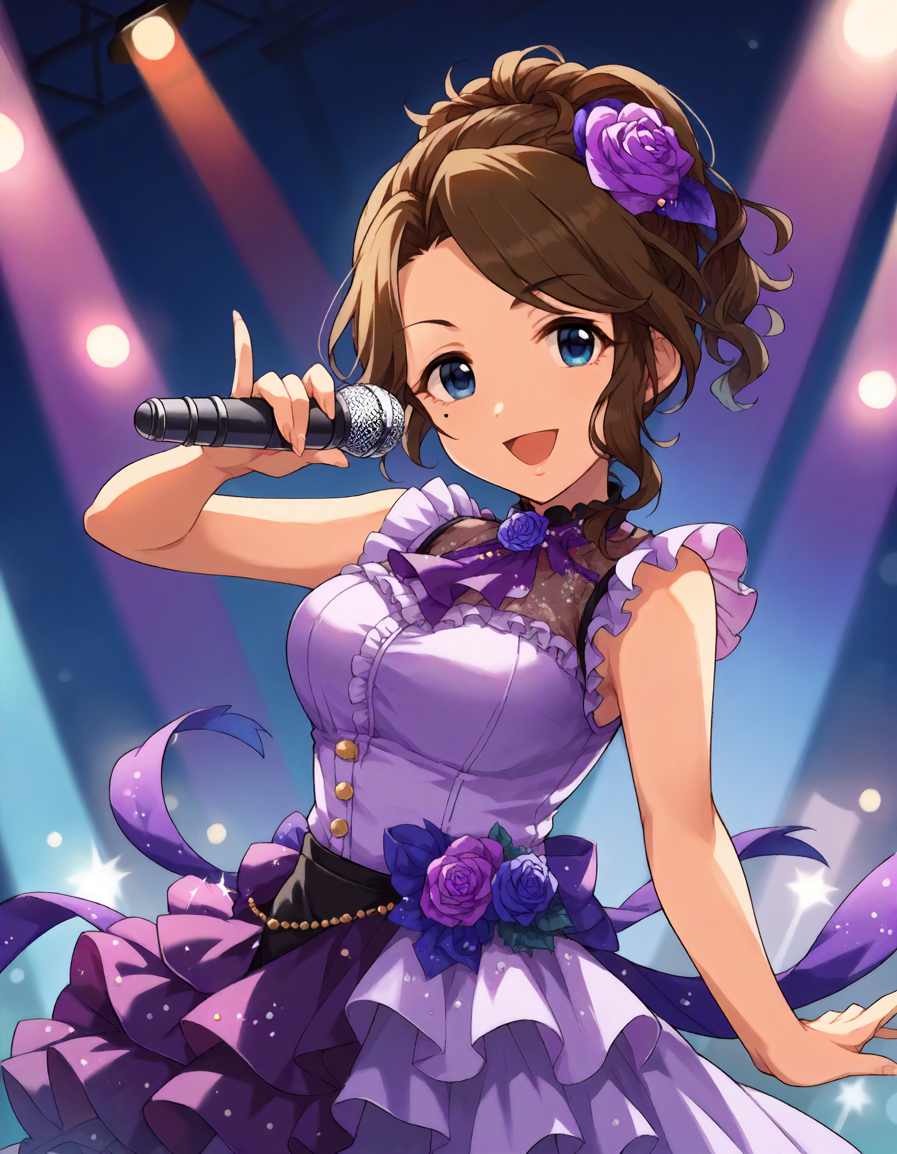 score_9,score_8_up,score_7_up,1girl,solo,cowboy shot,looking at viewer,smile,open mouth,holding microphone,stage lights,
<lora:kishibeayaka_ponyXLV6:0.8>,cgksay,
brown hair,ponytail,blue eyes,mole under eyes,
hair purple rose,purple dres,sleeveless,frills