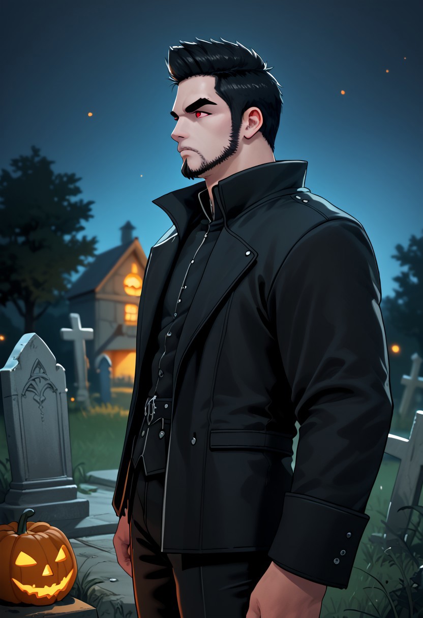 score_9, score_8_up, score_7_up, bdo_warrior, 1man, 1boy, upper body, side view, short black hair, facial hair, thick eyebrows, red eyes, halloween outfit, black jacket, black pants, graveyard