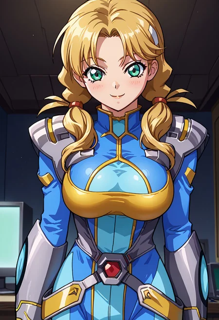 score_9, score_8_up, score_7_up, score_6_up, source_anime, anime screencap, 1girl, solo, oldrin, blonde hair, low twintails, green eyes, srwbluepilotsuit, blue bodysuit, pauldrons, wrist guards, metal belt, grey armor, helmet removed, no headwear, large breasts, looking at viewer, light blush, smile, cowboy shot, night, indoors, modern, dark walls, monitor,