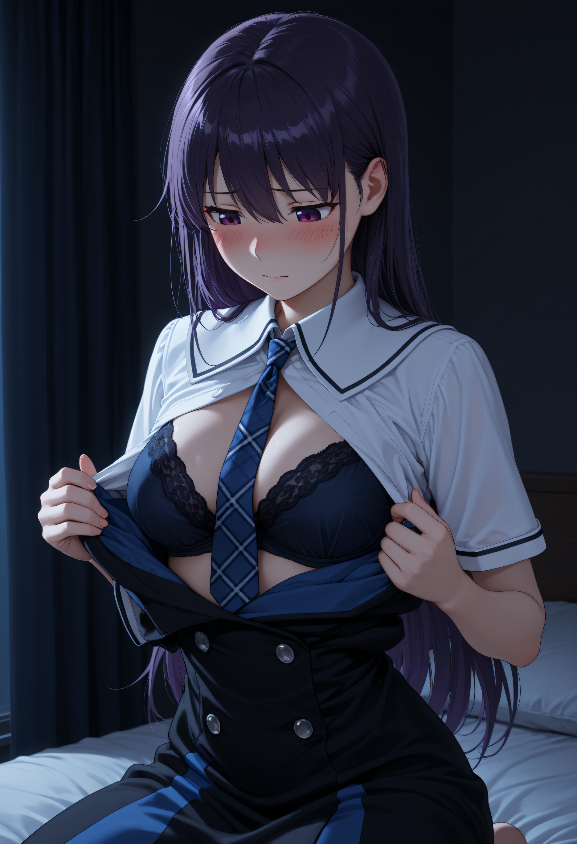 <lora:Char_SakakiYumiko:1>, purple hair, long hair, straight hair, purple eyes, hair between eyes, hair behind ears, 
solo, Yum1Sch, long dress, blue dress, black dress, plaid necktie, two-tone dress, double-breasted, short sleeves, white sailor collar, white sleeves,
open clothes, undressing, bra, dark, dark theme, curtain, on bed, kneeling, blush, shy, upper body, looking down, very awa, masterpiece, best quality, highres, absurdres