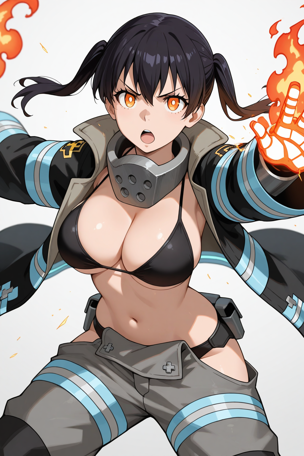 1girl, tamaki kotatsu, en'en no shouboutai, bikini, black bikini, black coat, black hair, breasts, cleavage, coat, fiery hair, fire, firefighter, firefighter jacket, flaming hand, floating hair, gauntlets, grey background, grey pants, jacket, large breasts, navel, neck armor, open clothes, open coat, open mouth, orange eyes, outstretched arms, pants, serious, solo, sparks, stomach, swimsuit, twintails, masterpiece, best quality, absurdres