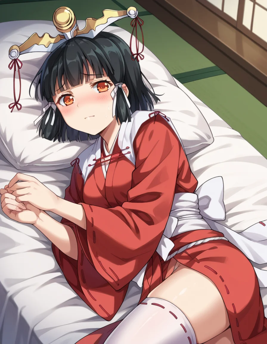 score_9, score_8_up, score_7_up, source_anime,
kuroinukaguya, <lora:kuroinu-kaguya-ova-ponyxl-lora-nochekaiser:1>,
kaguya, black hair, orange eyes, hime cut, short hair,
thighhighs, japanese clothes, miko, headress,
indoors, bed, bed room, on side, blush, drunk,
looking at viewer, cowboy shot, dutch angle, solo,