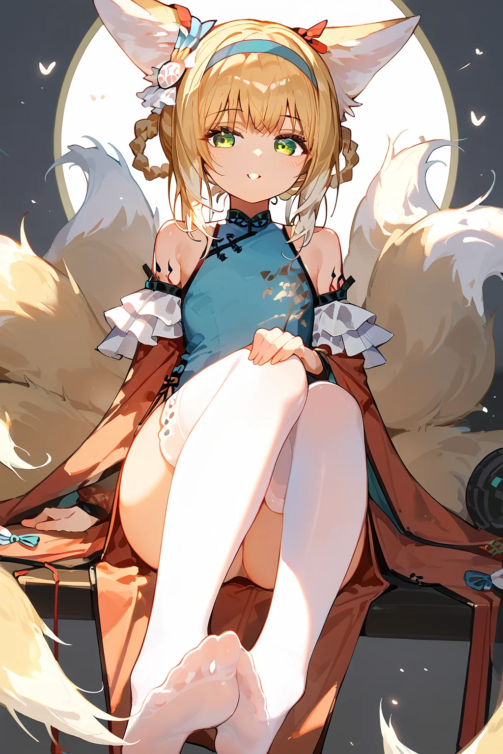 score_9,score_8_up,score_7_up,<lora:linlan(Arknights)-v1:1>,linlan(Arknights),1girl,whole body,foot_focus,seductive_smile,print_cheongsam,cute face,thighhighs,(white_background:1.1),curvy,very beautiful,animal ears,blonde hair,animal ears,tail,fox tail,fox ears,solo,green eyes,blonde hair,fox girl,looking at viewer,hairband,multiple tails,bare shoulders,bangs,kitsune,blue hairband,the_pose,parted lips,foreshortening,Cinematic Lighting,incredibly absurdres,