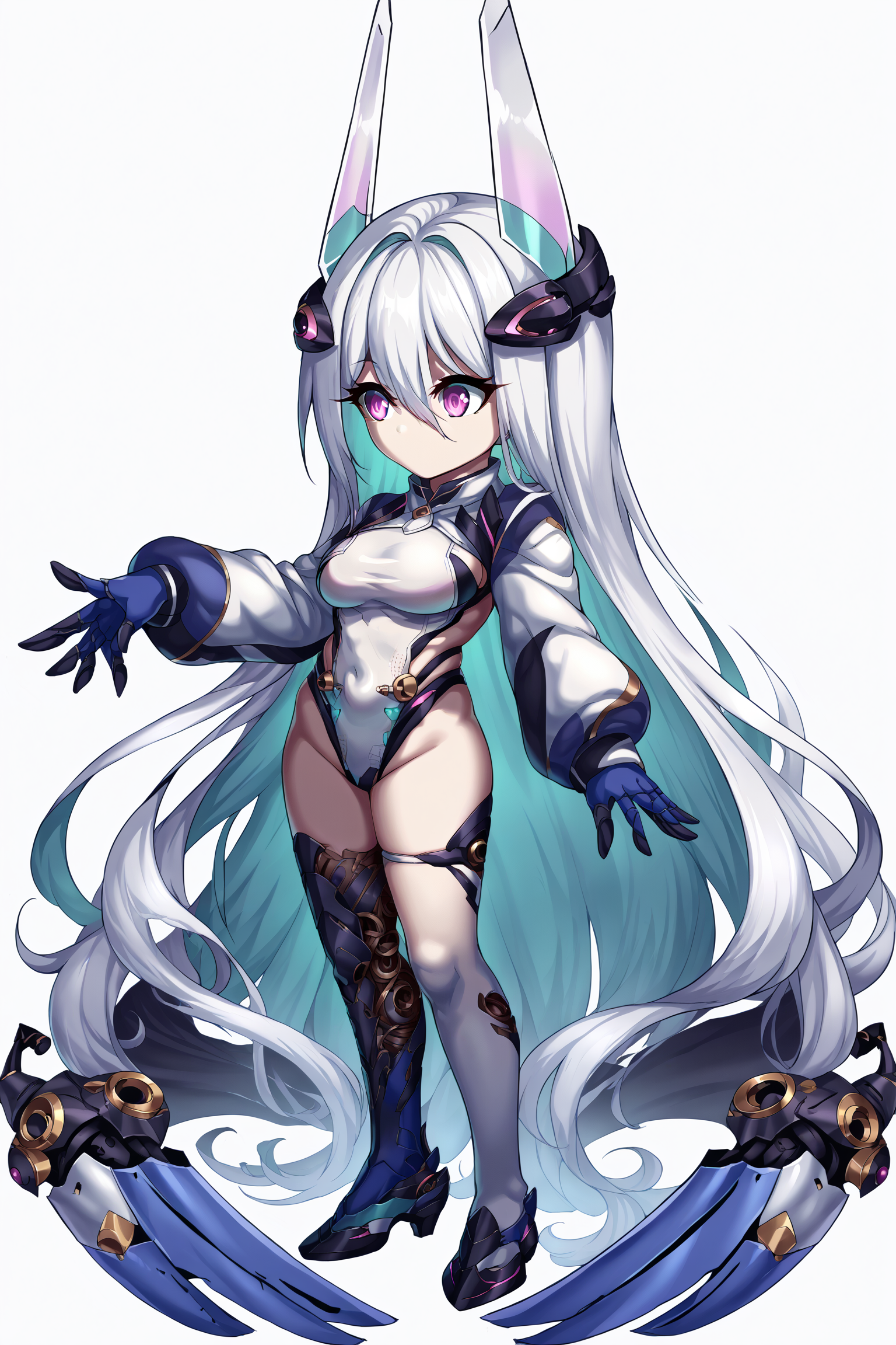 score_9, score_8_up, score_7_up, , rating_general ,1girl , kearsd, hair between eyes, absurdly long hair, multicolored hair, headgear, absurdly long hair, sideboob, white highleg leotard, highleg swimsuit, mechanical hands, mismatched thighhigh, single white thighhigh, single mechanical thighhigh, mechanical legwears , source_anime, <lora:KearsargePDCAME AL:1>, <lora:BraveFrontierPDCAME PixelArt:1>, pixel art, 2d, full portrait, simple background, white background, chibi,