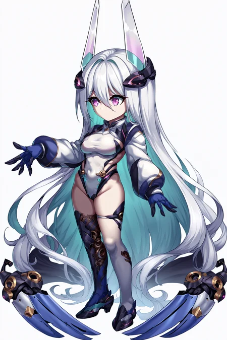 score_9, score_8_up, score_7_up, , rating_general ,1girl , kearsd, hair between eyes, absurdly long hair, multicolored hair, headgear, absurdly long hair, sideboob, white highleg leotard, highleg swimsuit, mechanical hands, mismatched thighhigh, single white thighhigh, single mechanical thighhigh, mechanical legwears , source_anime, <lora:KearsargePDCAME AL:1>, <lora:BraveFrontierPDCAME PixelArt:1>, pixel art, 2d, full portrait, simple background, white background, chibi,