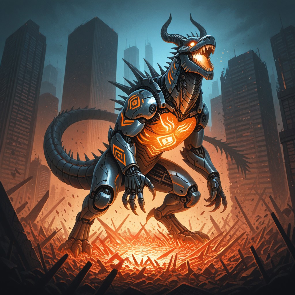 (dragon), highly detailed, robot, horns, metallic skin, sweetydoujinstyleil,  
white bio - mechanical details, bionic cyborg implants, solo, detailed background, solo, glowing eyes, city,(glowing orange blue tribal markings), claws, dragon, feral, monster, kaijuu, sharp teeth, scales, giant, claws, spikes, destruction, glowing eyes, science fiction, tail, horns, godzillainhellstyleil,
