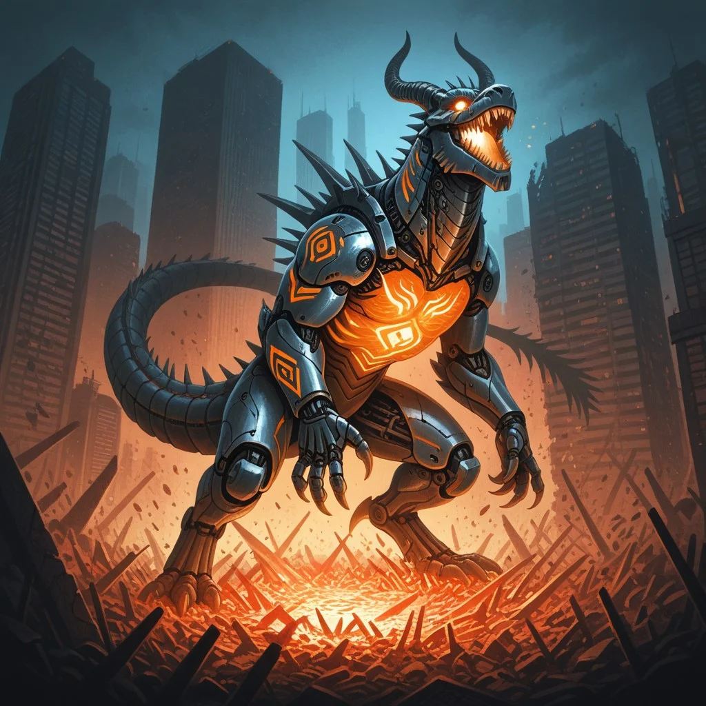 (dragon), highly detailed, robot, horns, metallic skin, sweetydoujinstyleil,
white bio - mechanical details, bionic cyborg implants, solo, detailed background, solo, glowing eyes, city,(glowing orange blue tribal markings), claws, dragon, feral, monster, kaijuu, sharp teeth, scales, giant, claws, spikes, destruction, glowing eyes, science fiction, tail, horns, godzillainhellstyleil,