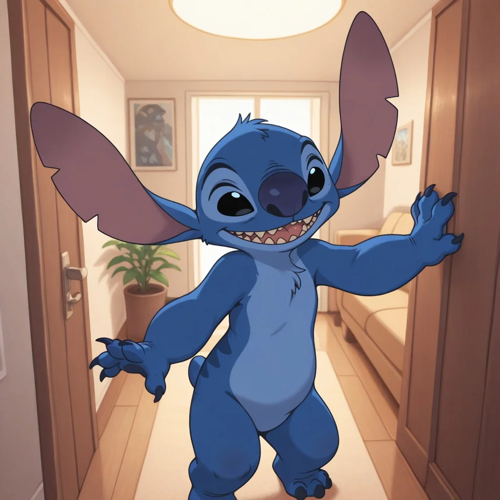 masterpiece, best quality, amazing quality, official artstyle, st1tch, male, furry male, anthro, solo, blue fur, two-tone fur, short hair, black eyes, blue nose, large ears, sharp teeth, claws, small tail, paw pads, standing, smile, indoors, living room