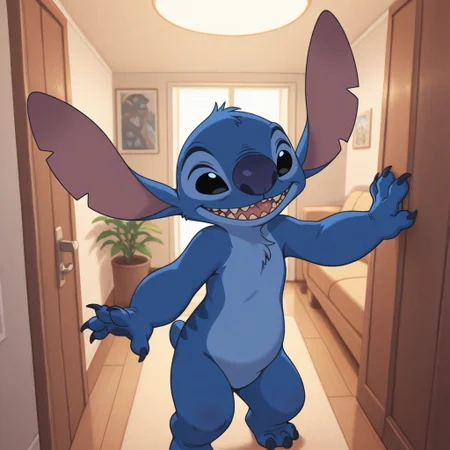 masterpiece, best quality, amazing quality, official artstyle, st1tch, male, furry male, anthro, solo, blue fur, two-tone fur, short hair, black eyes, blue nose, large ears, sharp teeth, claws, small tail, paw pads, standing, smile, indoors, living room