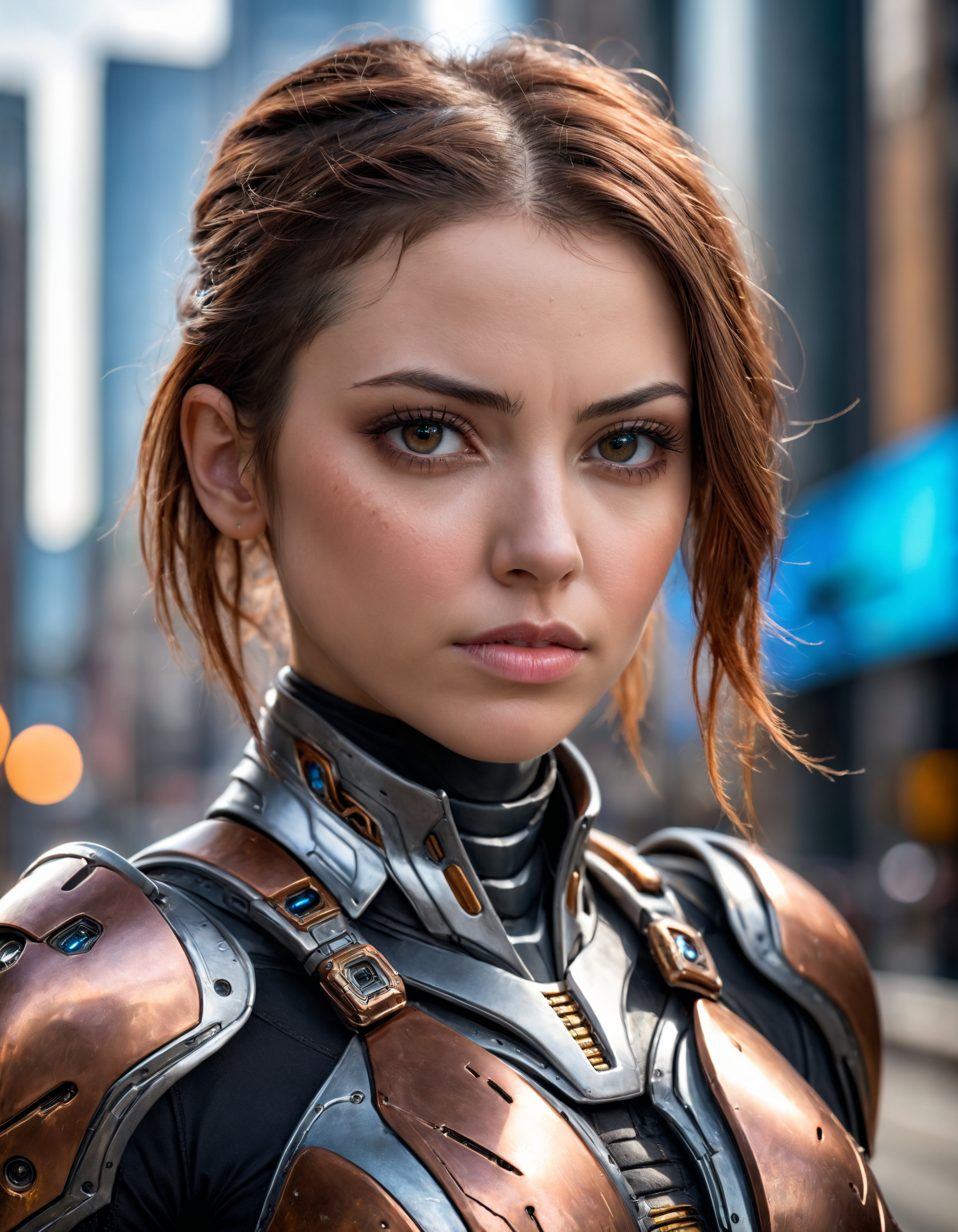 high-resolution, photorealistic portrait of a futuristic woman, ultra-detailed, natural lighting, Nikon D850, sharp focus, 64 megapixels, cinematic depth of field, intricate texture, lifelike colors, perfect composition, HDR, full-frame sensor, realistic skin texture, bokeh, cityscape background, detailed armor,