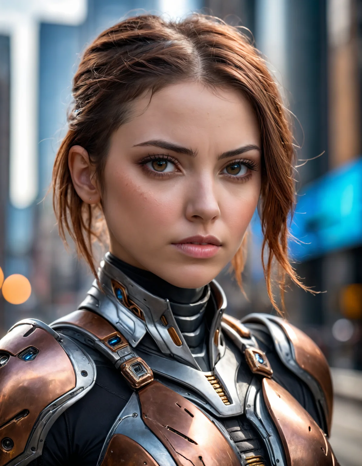 high-resolution, photorealistic portrait of a futuristic woman, ultra-detailed, natural lighting, Nikon D850, sharp focus, 64 megapixels, cinematic depth of field, intricate texture, lifelike colors, perfect composition, HDR, full-frame sensor, realistic skin texture, bokeh, cityscape background, detailed armor,