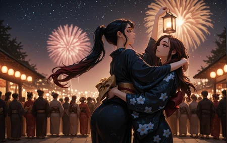 masterpiece, best quality, amazing quality, klskx, (nsfw, explicit:0.8), (2girls:1.9), multicolored hair, dark hair, long hair, eyebrows, thick eyelashes, brown hair, kimono, floral print kimono, dark blue kimono, dancing, (holding lantern:0.9), outdoors, looking up, night sky, fireworks, festival, crowd, food stalls, warm lighting, stars, summer, (dark shadows:0.9), (high contrast:0.9), volumetric lighting, intricate details, blurry background, depth of field <lora:spo_sdxl_10ep_4k-data_lora_webui:2.0> <lora:illustriousXL_stabilizer_v1.23:1.0> <lora:illustrious_quality_modifiers_masterpieces_v1:0.6> <lora:klskx_wai:0.7000000000000001>
