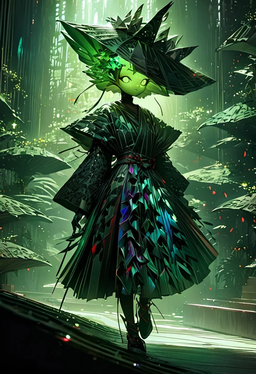 best quality, masterpiece, high resolution, intricate detailed,
beautiful photo of a Avant-garde Fashion - Model walking fashion catwalk, wearing sculptural origami paper fans, folded paper fans hat, traditional japanese patterns,
iridescent, alien clothing.
alienworld,
rays of light, natural light,