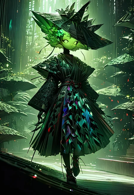 best quality, masterpiece, high resolution, intricate detailed,
beautiful photo of a Avant-garde Fashion - Model walking fashion catwalk, wearing sculptural origami paper fans, folded paper fans hat, traditional japanese patterns,
iridescent, alien clothing.
alienworld,
rays of light, natural light,
