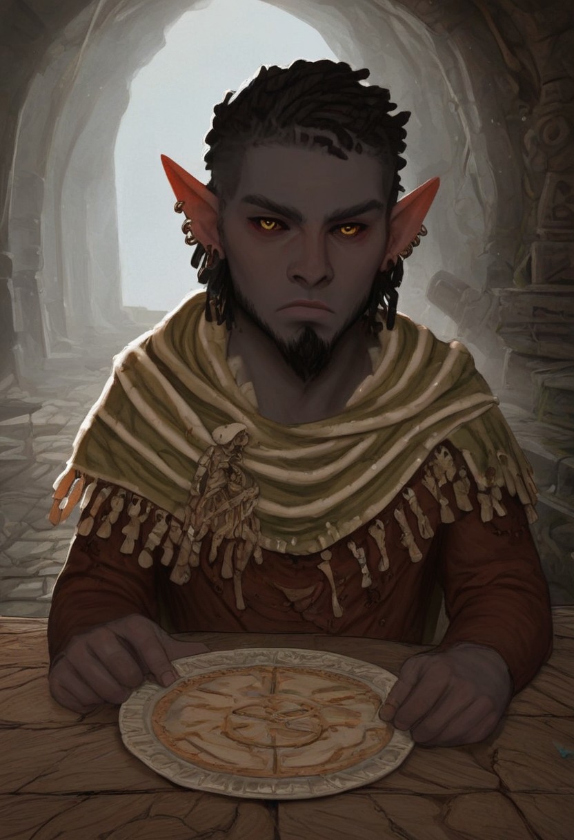 solo, short pointy ears, piercings, random elf face, aquiline features, male dark elf, masculine, long beard, weathered skin, large nose, athletic build,  animated realism, zoomed out, Syrian features, torso, brass pipes and gears, intricate architecture, dwarven masonry, dwemer fixtures, white-green light, gloomy lighting, ancient ruins, interior, stone tiled floor, grey-blue skin, mahogany and ivory clothes, medium armor, bone plate armor, ivory straps and fittings, alien bone ornaments, grey wood neckguard, dark red sclera, black pupils, distant mushroom forest, blue-green light, neon, highly detailed, defined features, looking at viewer, three quarters view, from front, dynamic lighting, 21 years old, light and shadows, patterned cloth, annoyed expression, expressive eyes, detailed medieval clothes, short hair, wavy hair, thick hair, beaded hair, braided hair, under cut hair, semirealistic, alien elf, spanish features, jewish features, black hair, dark red hair, umber skin, sharp features, pastel green berber print cloak, nighttime, high detail, absurdres, pretty eyes, detailed eyes, yellow eyes,