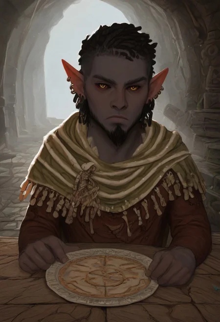 solo, short pointy ears, piercings, random elf face, aquiline features, male dark elf, masculine, long beard, weathered skin, large nose, athletic build, animated realism, zoomed out, Syrian features, torso, brass pipes and gears, intricate architecture, dwarven masonry, dwemer fixtures, white-green light, gloomy lighting, ancient ruins, interior, stone tiled floor, grey-blue skin, mahogany and ivory clothes, medium armor, bone plate armor, ivory straps and fittings, alien bone ornaments, grey wood neckguard, dark red sclera, black pupils, distant mushroom forest, blue-green light, neon, highly detailed, defined features, looking at viewer, three quarters view, from front, dynamic lighting, 21 years old, light and shadows, patterned cloth, annoyed expression, expressive eyes, detailed medieval clothes, short hair, wavy hair, thick hair, beaded hair, braided hair, under cut hair, semirealistic, alien elf, spanish features, jewish features, black hair, dark red hair, umber skin, sharp features, pastel green berber print cloak, nighttime, high detail, absurdres, pretty eyes, detailed eyes, yellow eyes,