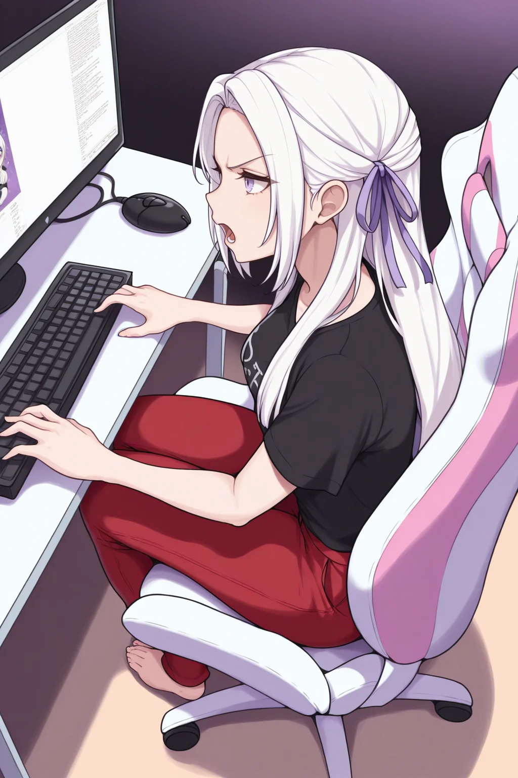 masterpiece, best quality, 1girl, solo, <lora:feedelgard-illu-nvwls-v1-000006:1> dfltedel, long hair, half updo, white hair, sidelocks, purple eyes, hair ribbon, purple ribbon, black t-shirt, red pants, sitting, gaming chair, annoyed, open mouth, computer, from side, full body, keyboard, from above, typing, computer mouse