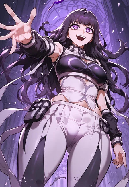 zPDXL3, score_9_up, score_8_up, score_7_up, (Anime_source), 1girl, Sinka, purple eyes, black hair, long hair, Sinka clothes, glowing, from below, flying, looking at viewer, particles, dark theme, smile, open mouth, cowboy shot