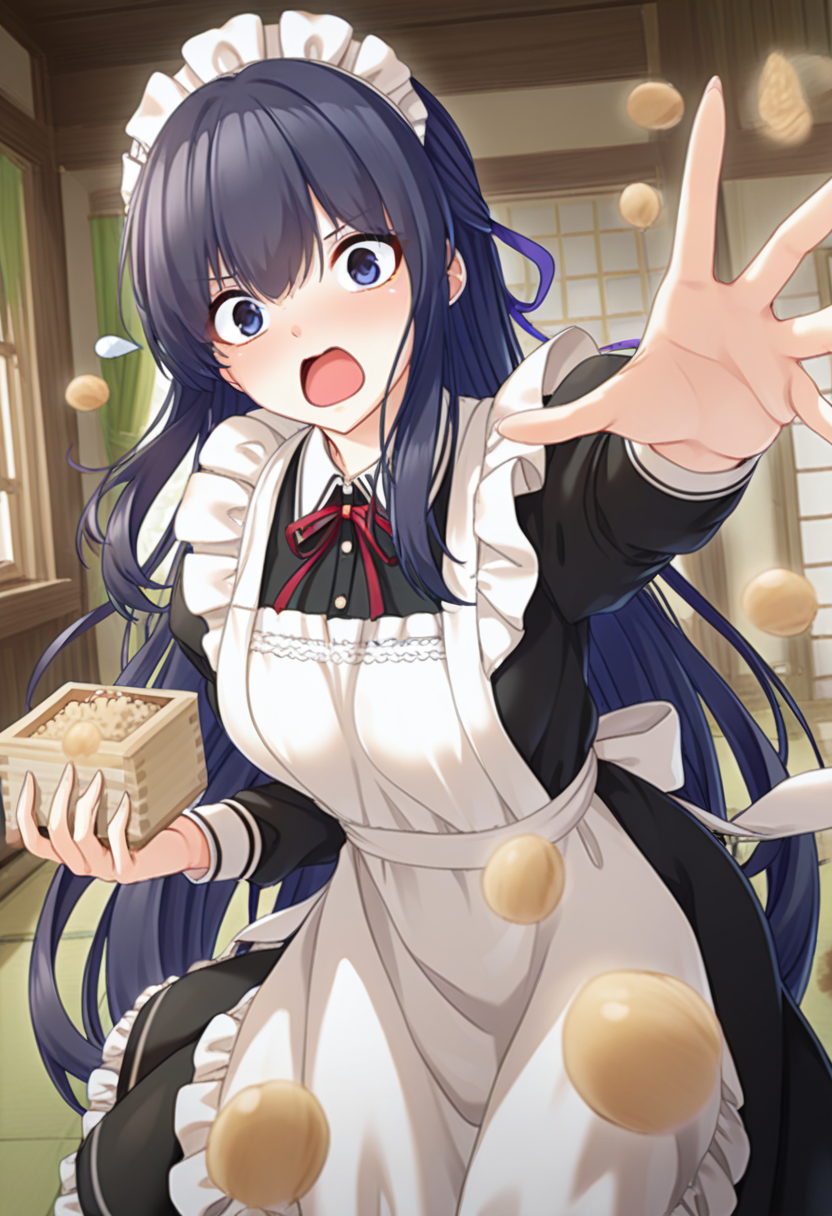 masterpiece,best quality,amazing quality,absurdres,aesthetic,newest,ultra detailed,
kagami siyuri \(haison\), 1girl, solo, dark slateblue hair, very long hair, half updo, hair between eyes, sidelocks, floating hair,
down-slanting eyebrows, frightened, looking at viewer, wide-eyed, open mouth,
maid, maid headdress,medium breasts,
mamemaki, masu , setsubun,beans, throwing,indoors,
 <lora:mamemaki_Illust_v1:0.9> <lora:kagami_siyuri_noob_vpred10_v15:1.0>