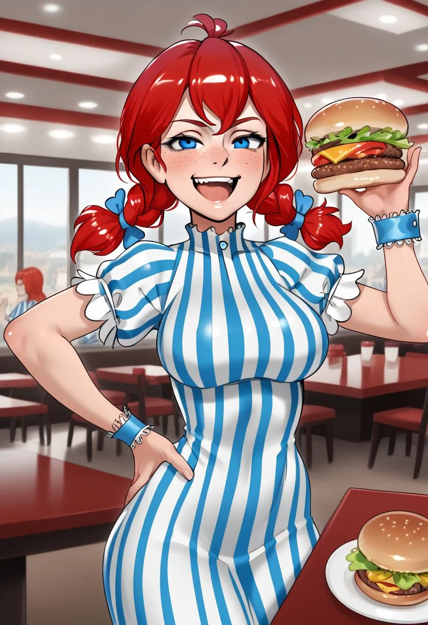 1girl, solo, upper body, vertical striped dress, red hair, freckles, blue eyes, pigtails, wrist cuffs, smug laugh, mouth open, ojou-sama pose, restaurant, burger, table, hand on hip, contrapposto, Wendy \(Wendy's\)