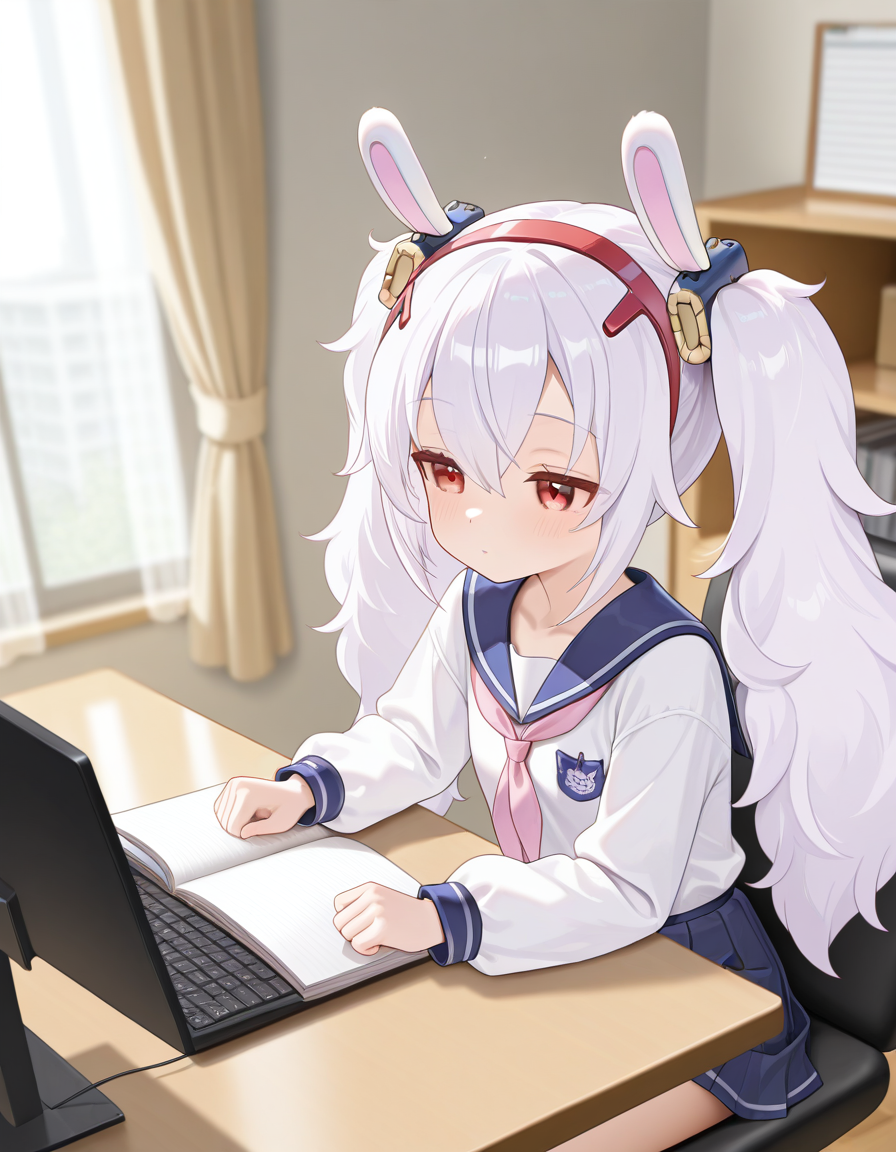 <lora:Laffey:1> laffey_al, 1girl, long hair, red eyes, animal ears, fake animal ears, school uniform, sitting at the computer, notebooks on the table, masterpiece, best quality, amazing quality, very aesthetic, high resolution, ultra-detailed, absurdres, newest, scenery, depth of field, volumetric lighting, detailed eyes