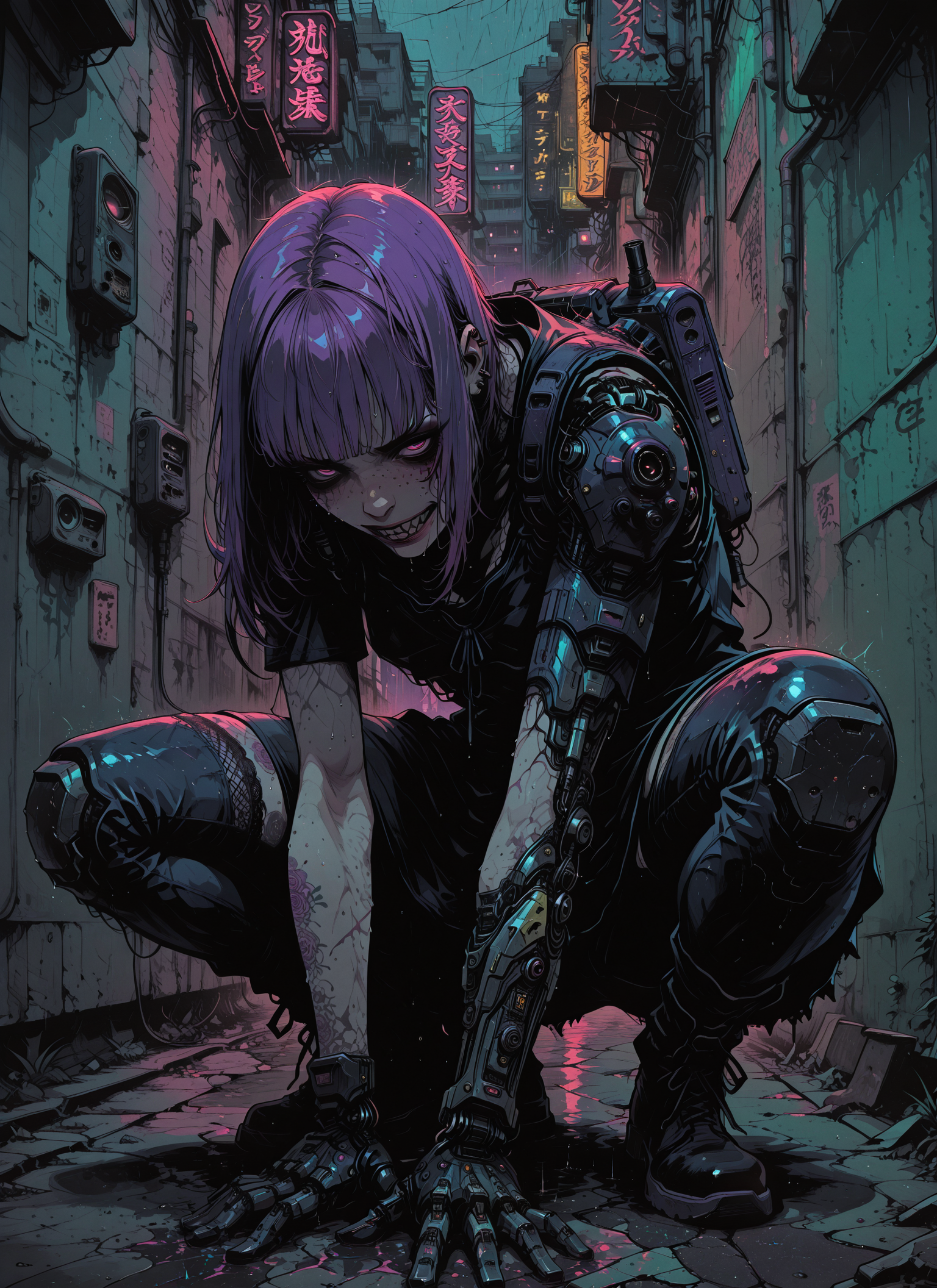 masterpiece, best quality, amazing quality, re4lity_sync_illu, Sinozick_illu, LeIsT0_illu,

mech_horror_entity, punk girl with short purple hair, crouched in an alley, glitching cyber tattoos, mechanical hand growing over her fingers, neon signage behind her, rain on skin, urban possession, soft horror lighting

