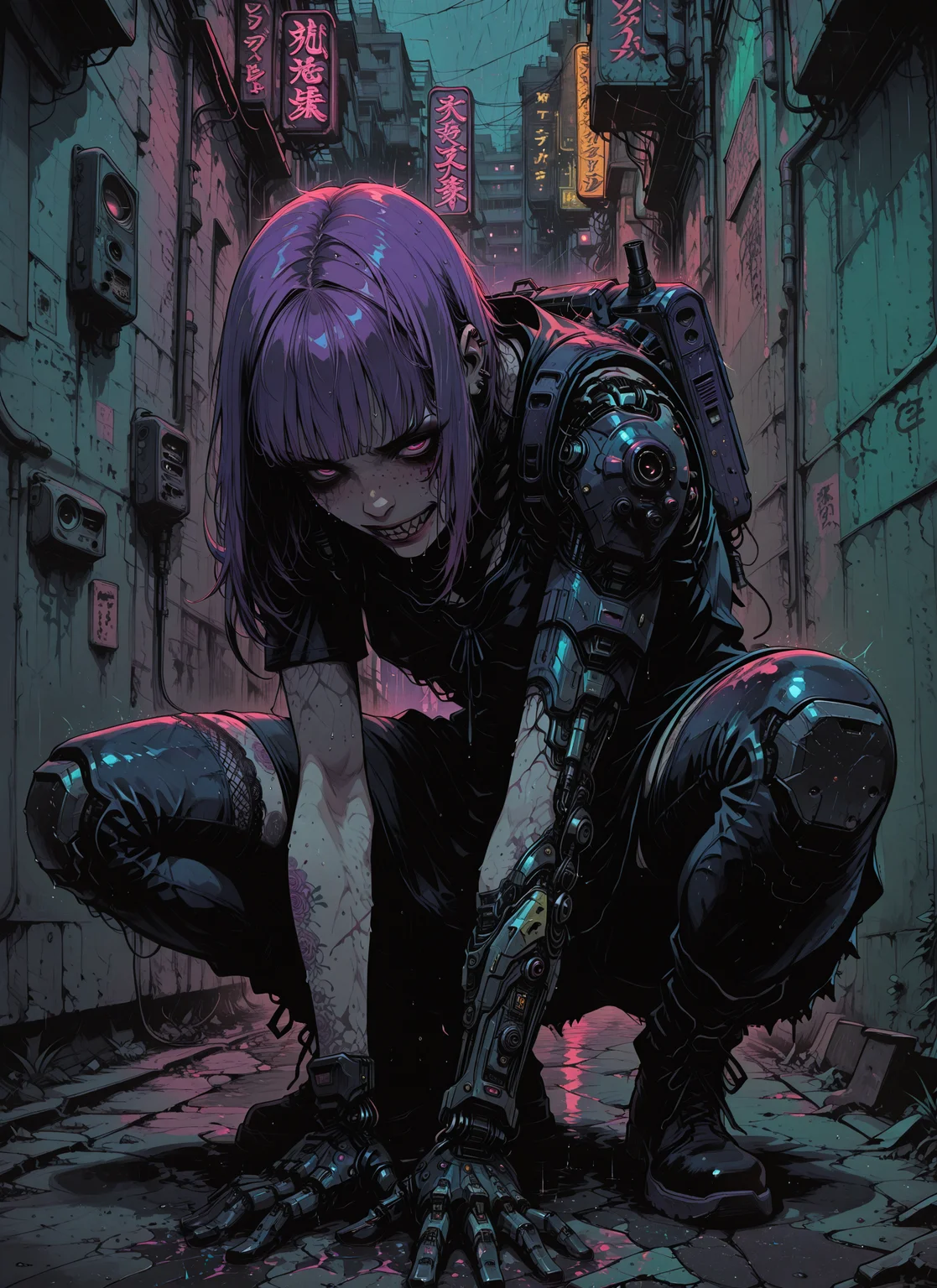 masterpiece, best quality, amazing quality, re4lity_sync_illu, Sinozick_illu, LeIsT0_illu,
mech_horror_entity, punk girl with short purple hair, crouched in an alley, glitching cyber tattoos, mechanical hand growing over her fingers, neon signage behind her, rain on skin, urban possession, soft horror lighting