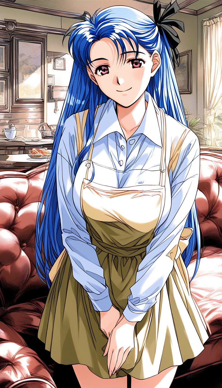 score_9, score_8_up, score_7_up, source_anime, rating_explicit, BREAK  <lora:Narusawa_Misako_XL:1> NarusawaMisako, blue hair, long hair, brown eyes, large breasts,
1girl, solo, apron, braid, skirt, looking at viewer, shirt,  long sleeves, hair ribbon, ribbon, smile,
indoors, couch, shirt, looking at viewer,  long sleeves, skirt, smile, collared shirt