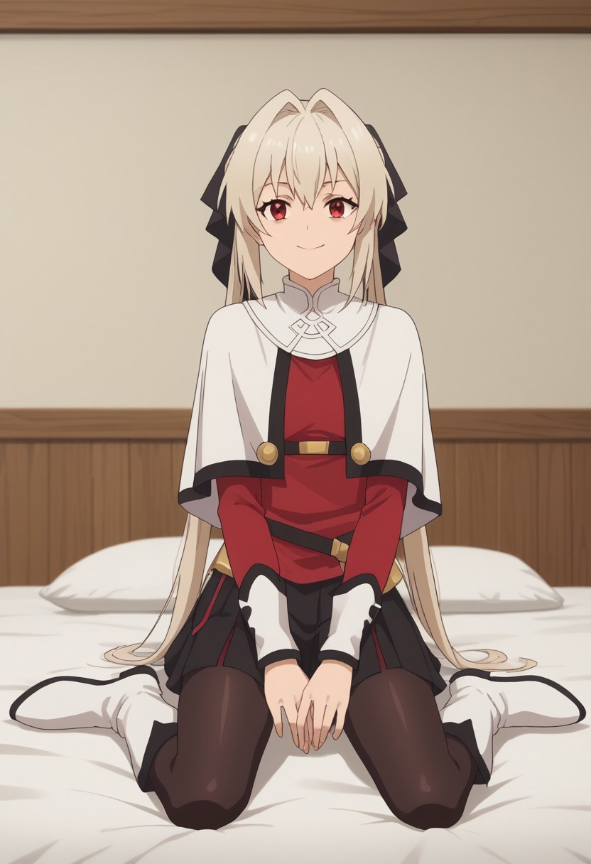 score_9, score_8_up, score_7_up, score_6_up, score_5_up, score_4_up , anime coloring ,BREAK source_anime, anime,screencap, 1girl, solo, lynneburg, bracers, hair ribbon, white boots, skirt, black pantyhose, red shirt, white capelet, belt, <lora:PonyXL Parry Lynne:1> indoors,bedroom smile, looking at viewer, sitting on bed,