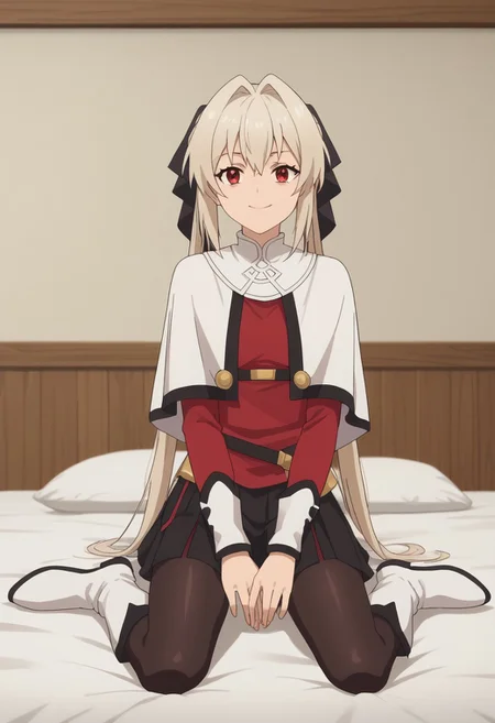 score_9, score_8_up, score_7_up, score_6_up, score_5_up, score_4_up , anime coloring ,BREAK source_anime, anime,screencap, 1girl, solo, lynneburg, bracers, hair ribbon, white boots, skirt, black pantyhose, red shirt, white capelet, belt, <lora:PonyXL Parry Lynne:1> indoors,bedroom smile, looking at viewer, sitting on bed,