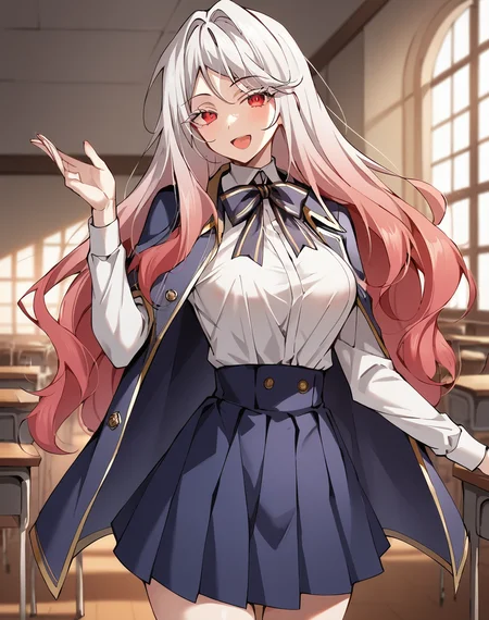 hongbiyeon, red eyes, gradient hair, white hair, red hair, long hair, white eyelashes, manhwa, school uniform, neck ribbon, white shirt, blue cape, blue skirt BREAK indoors, medieval, school, classroom, BREAK looking at viewer, sexy face, sexy smile, open mouth, cowboy shot, dynamic pose BREAK score_9, score_8_up, score_7_up, source_anime ,zPDXL, perfect hand, <lora:Hong_Biyeon:0.8>
