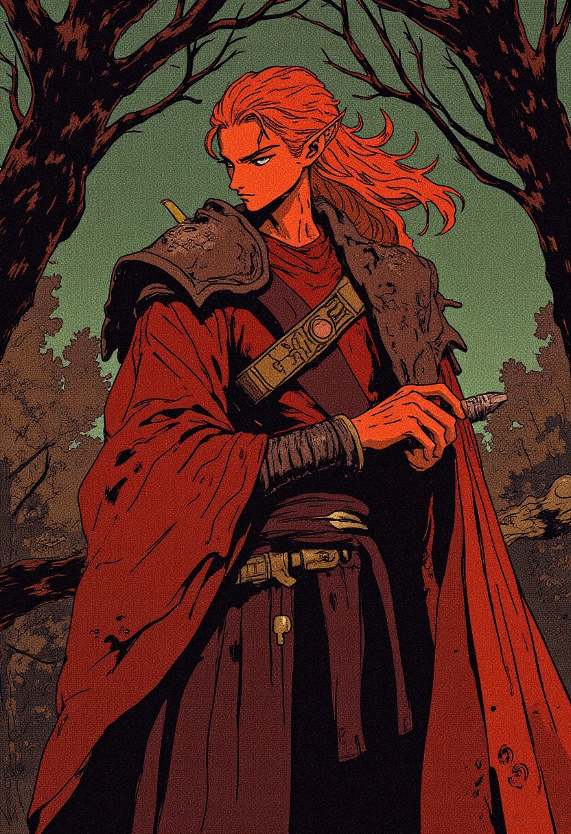 sketch illustration style (desaturated, cold lighting:1.4), (vignetting:1.2) storytelling, depict a carmine ((male:2)  formidable, demonic figure:1.3) rogue with a striking appearance., very small nose, Yasha Oni hair (detailed anatomy and defined musculature:1.0) prominent cheekbones, wide angle full body close up, dramatic natural lighting, complex contrast, contrapposto pose, vibrant colors, high contrast. The background is a gradient of dark greens and browns, suggesting a forest or night setting. The tree branches above his head cast shadows, adding depth and contrast to the scene. The overall style of the painting is highly detailed and realistic, with a focus on the demon's rugged, battle-ready appearance. He has distinctive features and an emotive look with fierce determination in his eyes. The diffused lighting softly illuminates every detail, HD, 8K quality, ultra-detailed, masterpiece artwork, flawless anatomy.