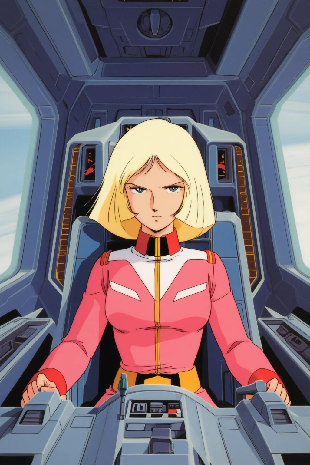 masterpiece, best quality, amazing quality, absurdres, saylamass79, blonde hair, solo, serious, confident, pink military uniform, large breasts, upper body, indoors, spacecraft, cockpit, sitting, leaning back, airplane interior, joystick,  through window, wide shot,  science fiction, retro artstyle