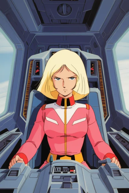 masterpiece, best quality, amazing quality, absurdres, saylamass79, blonde hair, solo, serious, confident, pink military uniform, large breasts, upper body, indoors, spacecraft, cockpit, sitting, leaning back, airplane interior, joystick,  through window, wide shot,  science fiction, retro artstyle