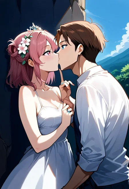 score_9, score_8_up, score_7_up, score_6_up, score_5_up, score_4_up, highres, 1boy, 1girl, c3l3st3 marrying 43r0n,
BREAK
1girl, c3l3st3, pink hair, pink eyes,
BREAK
1boy, 43r0n, brown hair, blue eyes,
BREAK
wedding dress, black wedding suit, happy, kissing, golden ring, ring finger, ring on finger, outside, cliff edge, wedding scene, flower arch, source_anime, ntm,