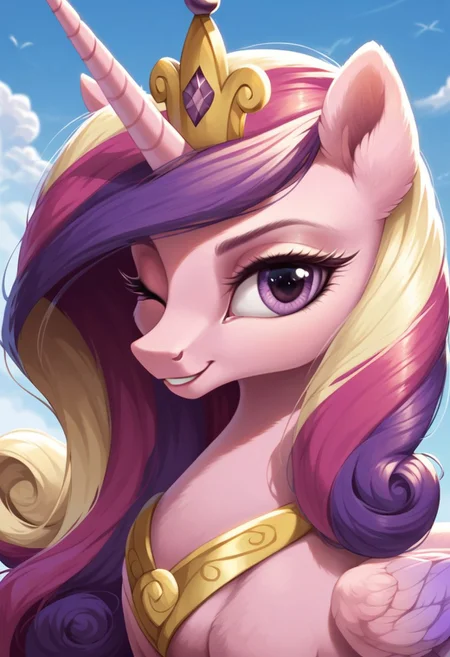 score_9, score_8_up, score_7_up, score_6_up, score_5_up, score_4_up, my little pony, ((feral pony)), Princess Cadance, 1girl, ((solo)), (sexy), beautiful, detailed, (detailed cute pony face), detailed eyes, detailed fur, detailed hooves, beautiful, vector, flat colors, (beautiful long eyelashes), (beautiful hooves), hoof shoes, tiara, simple background, colorful background, (looking at you, looking at viewer:1.5), smiling, one eye closed, ((close-up)), high angle