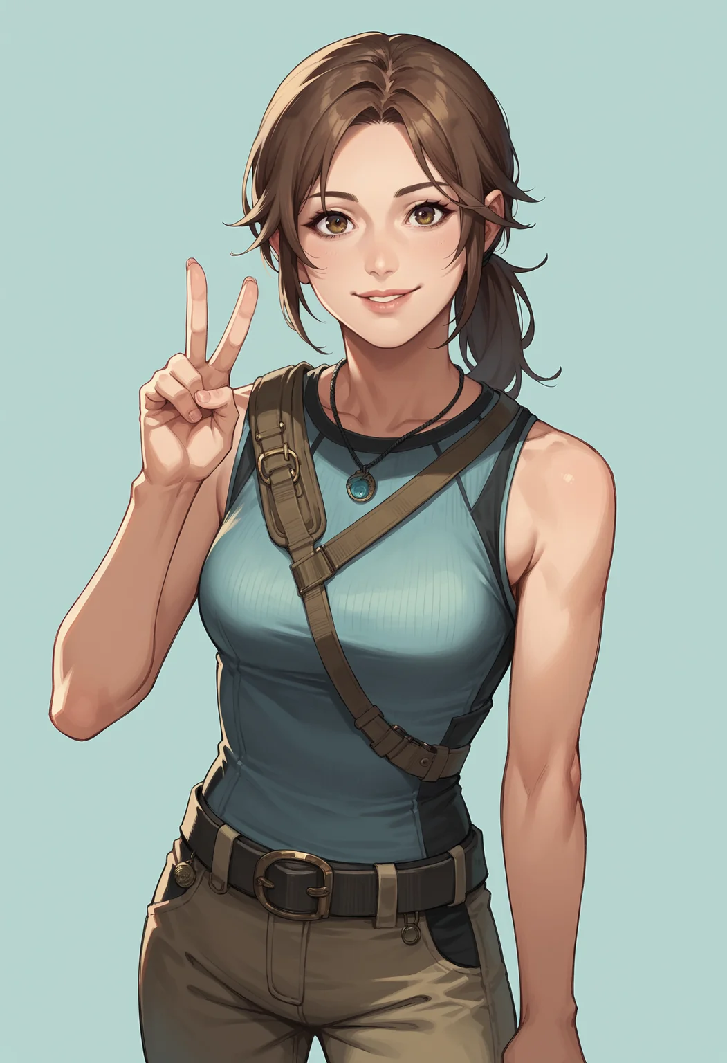 score_9, score_8_up, score_8, source_anime, 1girl, <lora:LaraCroftSOTTR:0.85> solo, medium breasts, brown eyes, ponytail, brown hair, lips, pants, sleeveless, belt, pendant, jewelry, looking at viewer, smile, looking at viewer, v sign,
light blue background, simple background,