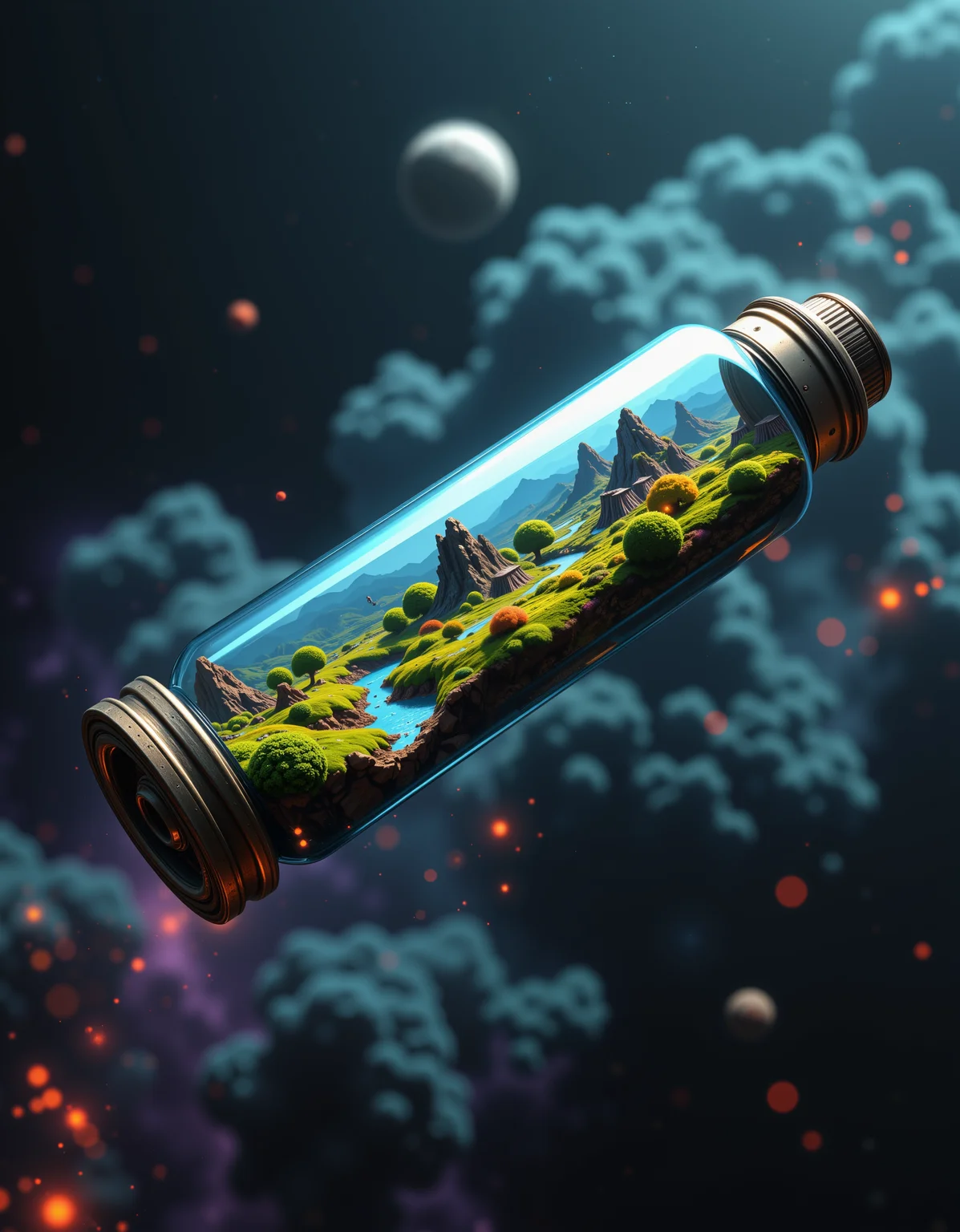Floating in the darkness of space with a planet in the far distance. A glass cannister with metallic sealed ends. Inside the glass container is a visible ecosystem of tiny plants and biomes. Cliffs mountains rivers and sci-fi cities all contained inside of the glass tube.